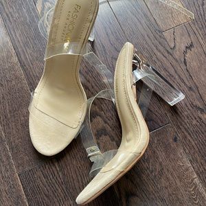 Fashion Nova Clear Strap Nude Block Heel Sandals